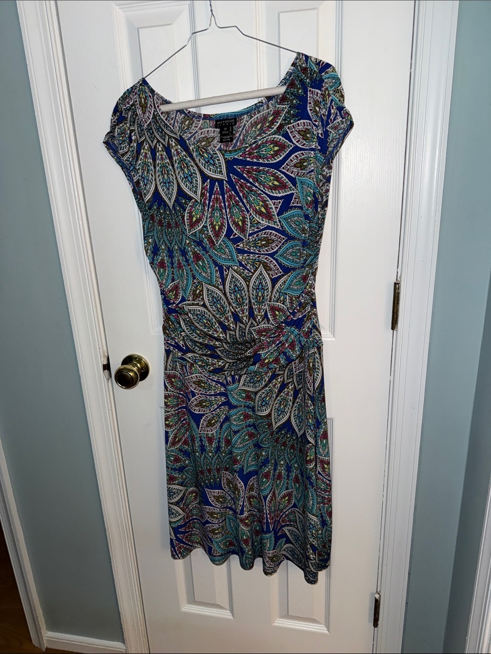Enfocus Studio Teal Multi Print Cap Sleeve Midi Dress